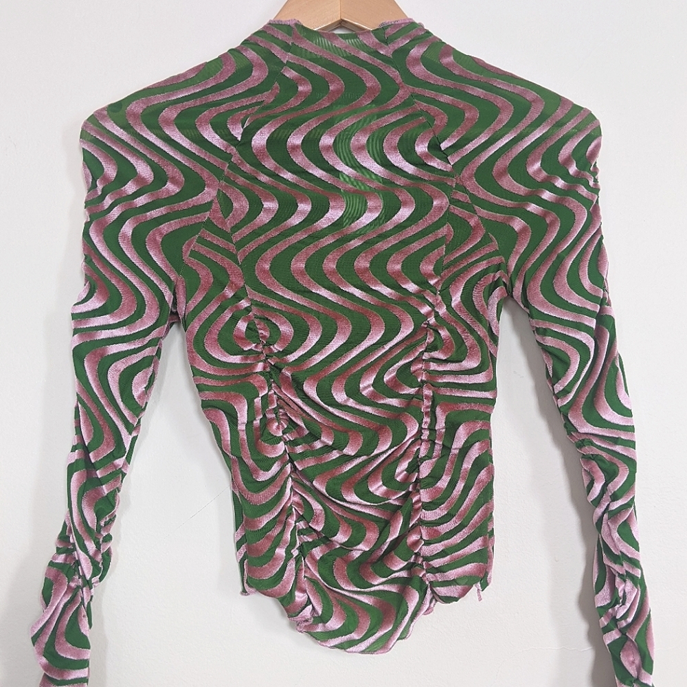 Urban Outfitters Sheer Green / Pink Stretch Top XS 90s Disco Mardi Gras Velvet
